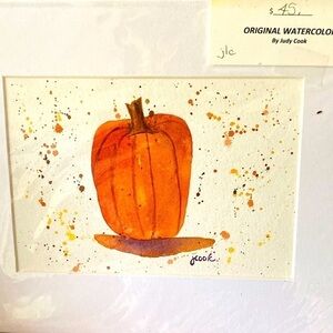 Original Watercolor painting Kitchen Splatters series Pumpkin 8x10 matted